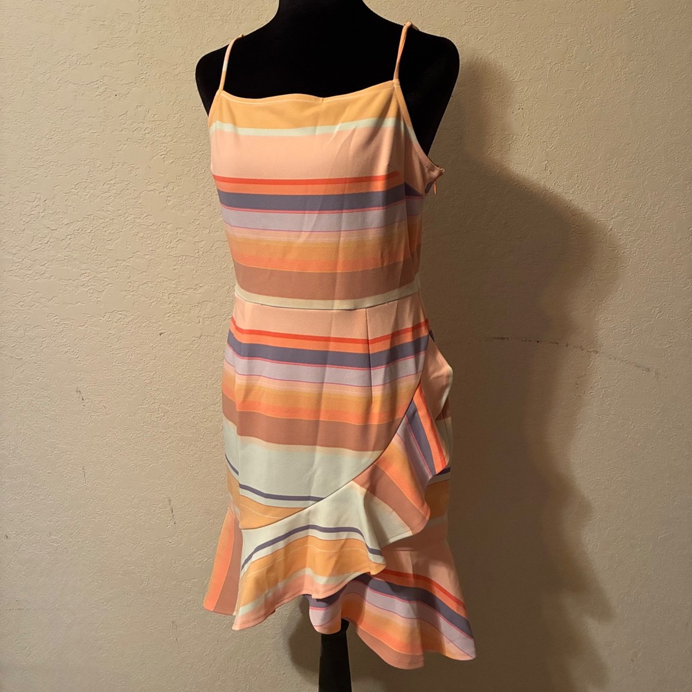 Bar iii Pink Orange Sherbet Ruffle Dress Party Knit Woman Size M Stretch Stripes